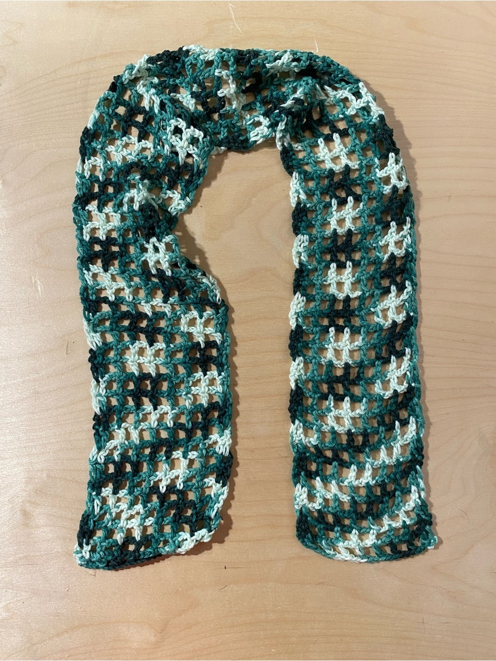 Handmade Crochet Open-Weave Scarf in Teal & Cream (SA)